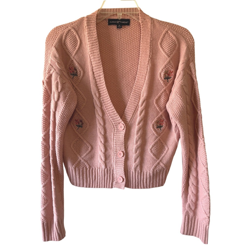 Almost Famous‎ Pink Cropped Floral Cable Knit Cardigan M